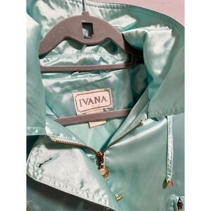 Vtg 1990 IVANA (Trump) Satin Parka Jacket Aqua Gold Crest Buttons Hooded L /XL